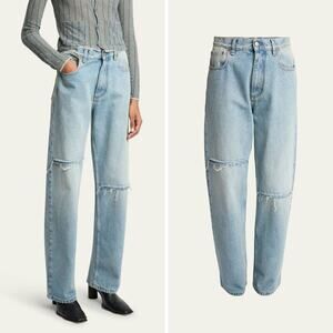 NWT Maison Margiela MM6 Distressed 5 Pocket Denim Wide Leg Blue Slash Jeans 28
